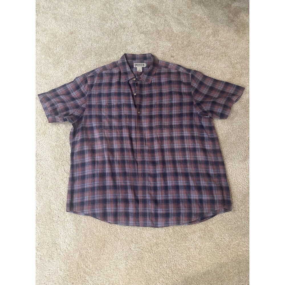 Duluth Trading Shirt Mens 2XL Red Plaid Short Sleeve Button Up Hemp Cotton Blend